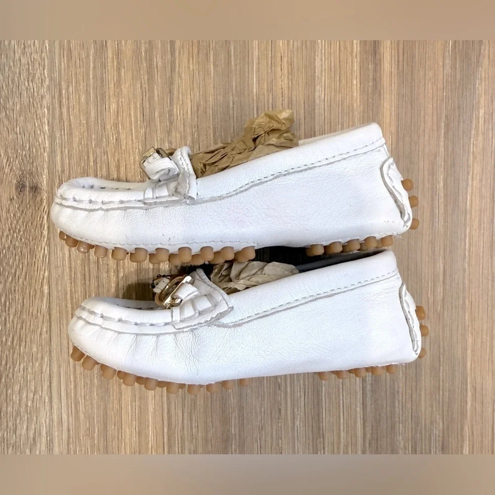 Ralph Lauren Baby Loafers White Leather Gold Bit Buckle Size 4